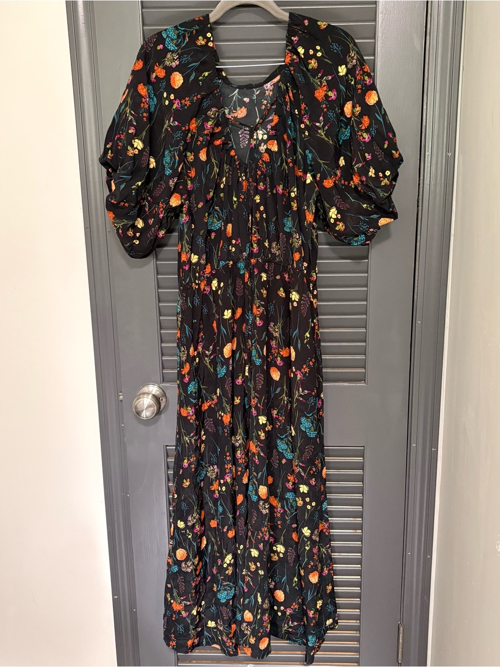 a new day Black Maxi Dress with Orange, Teal, Yellow & Pink Floral Print